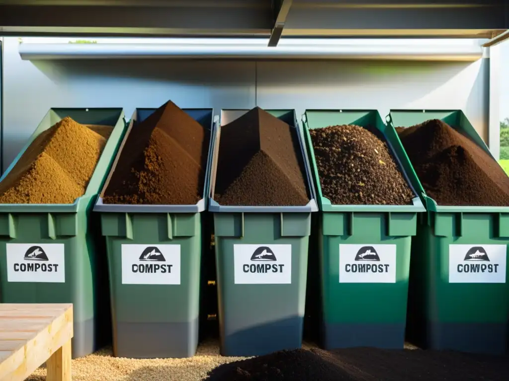 Almacenamiento compost maduro en instalación moderna, bien organizada y profesional, con contenedores apilados y señalización clara