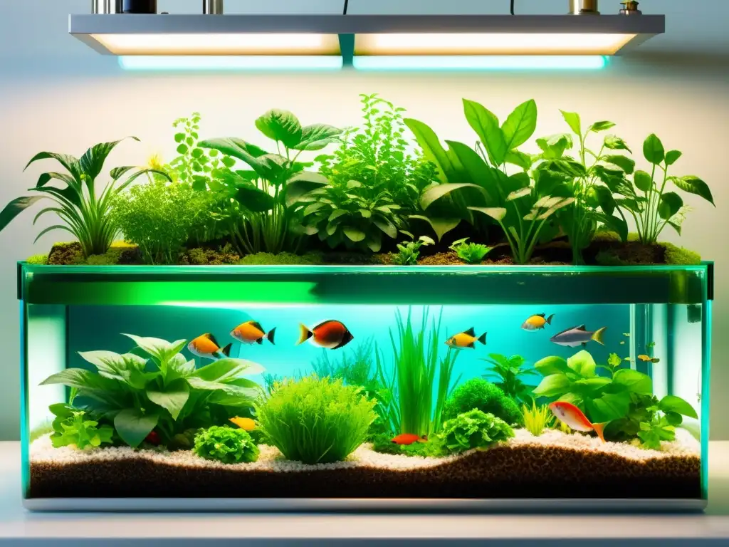 Acuaponía de alta calidad: sistema vibrante con plantas exuberantes y peces coloridos