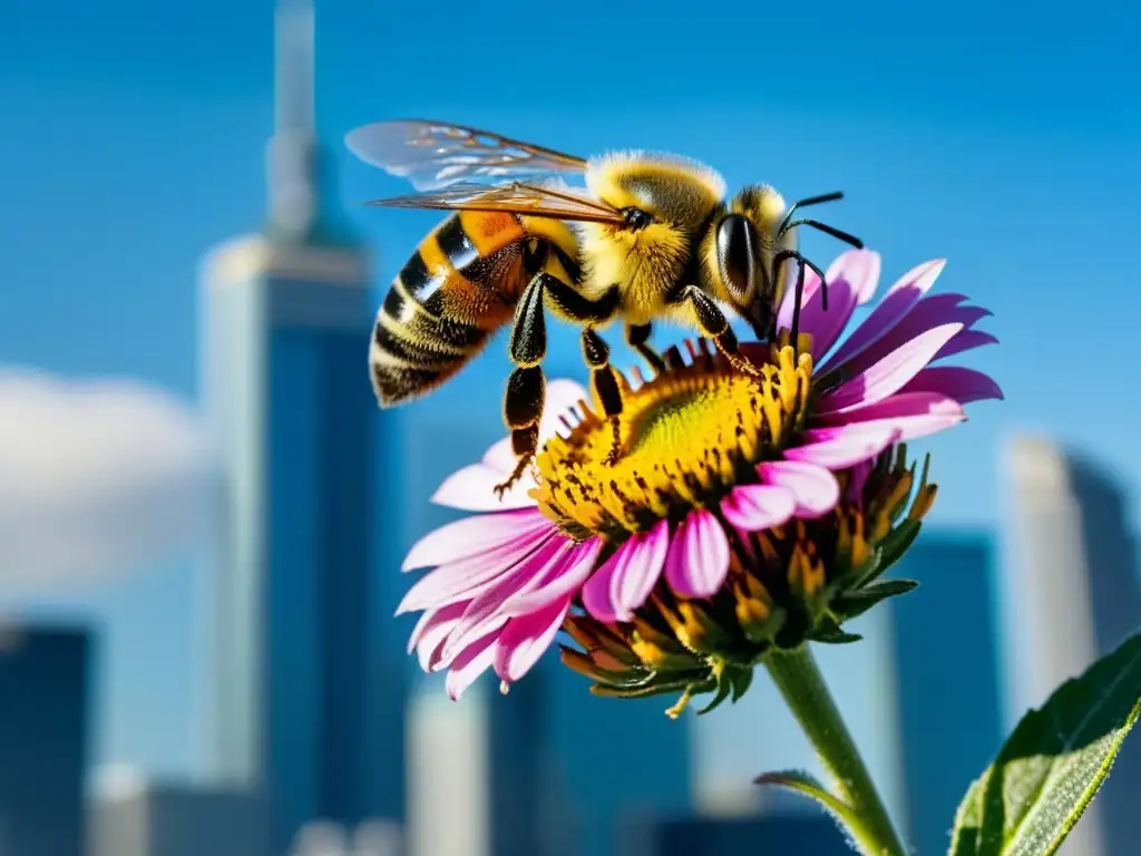 Polinización en ambientes urbanos: Abeja cubierta de polen amarillo sobre flor rosa, en contraste con el paisaje urbano moderno