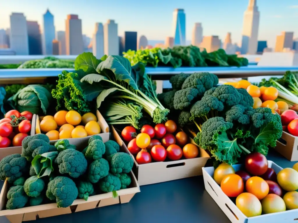 Una animada escena de un bullicioso mercado de agricultores urbanos con una amplia variedad de productos frescos y coloridos en exhibición