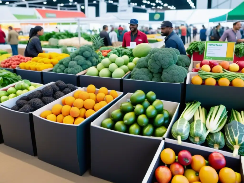 Animada feria agrícola con coloridos puestos y promoción de huertos verticales en ferias