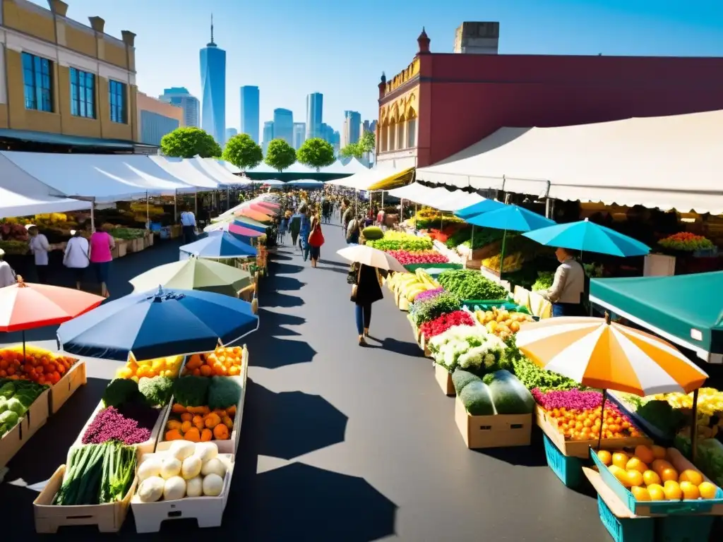 Una animada venta de productos de agricultura urbana en un mercado con frutas, verduras y flores frescas, con gente haciendo compras