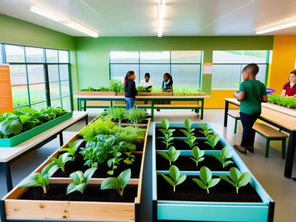 Animado aula de enseñanza sostenibilidad agricultura urbana con niños participando en actividades educativas de jardinería y acuaponia