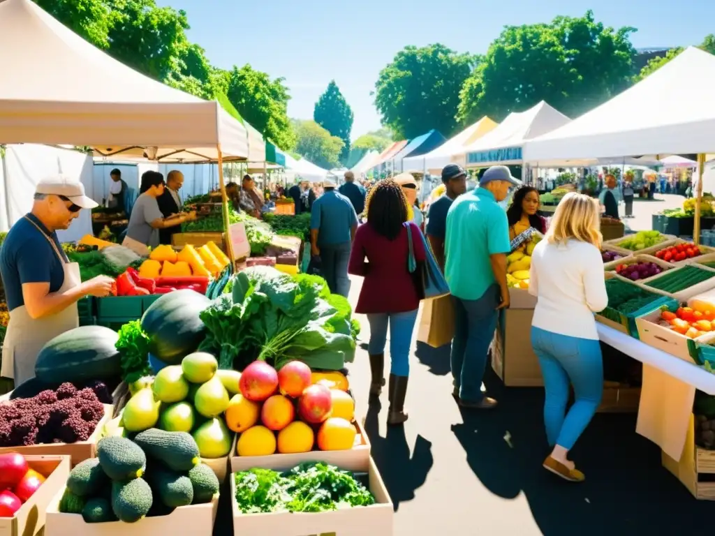 Animado mercado de agricultores con diversidad de productos frescos y artesanales