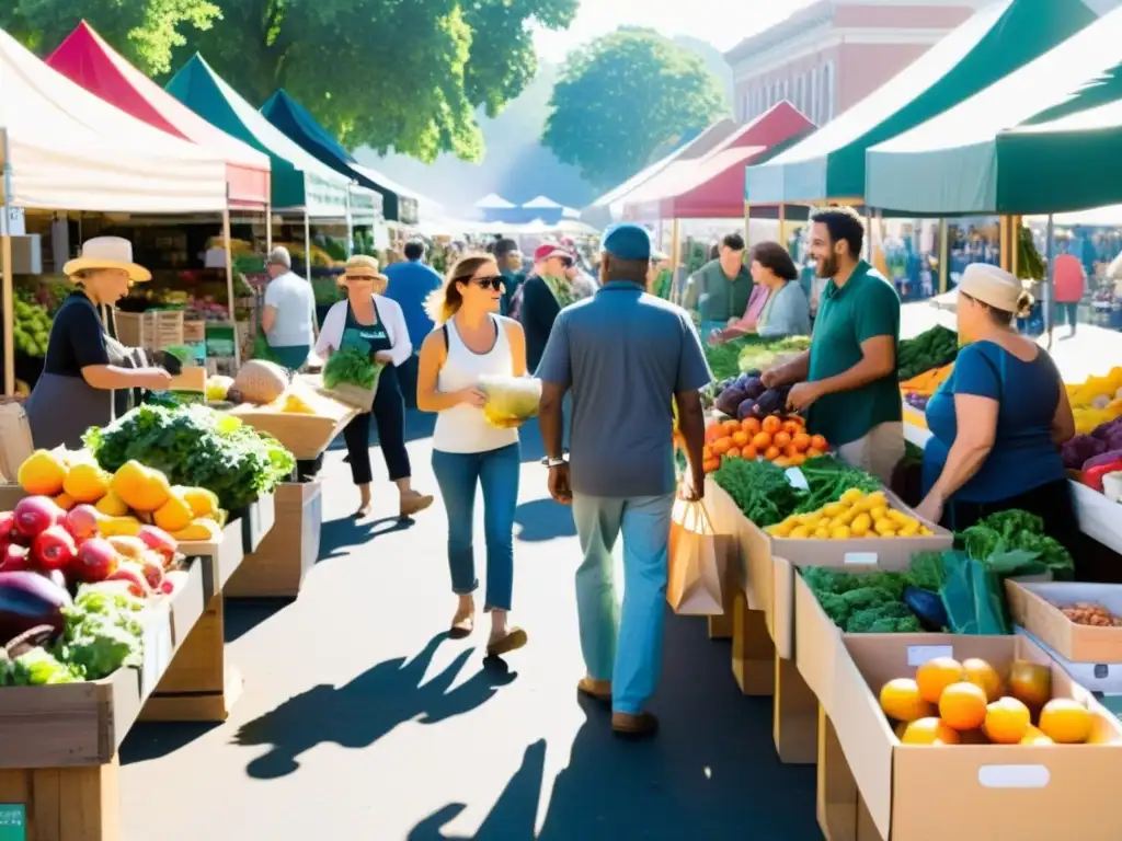 Un animado mercado de agricultores con puestos coloridos llenos de frutas, verduras y productos artesanales