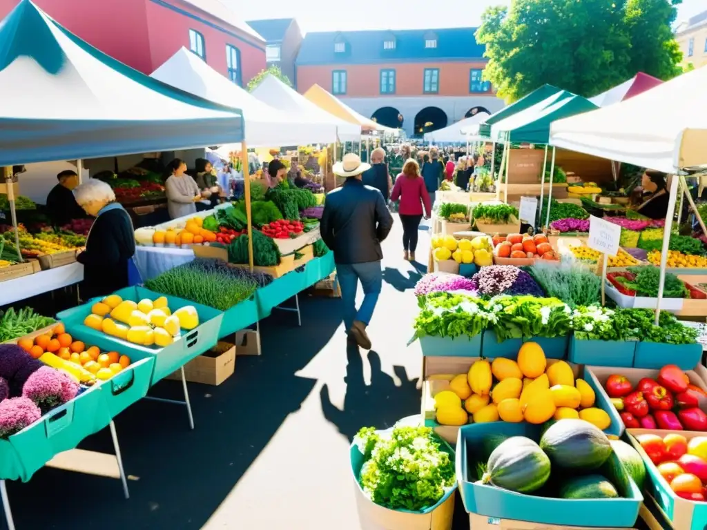 Un animado mercado de agricultores urbanos, con gente comprando y vendedores mostrando orgullosamente productos huerto urbano