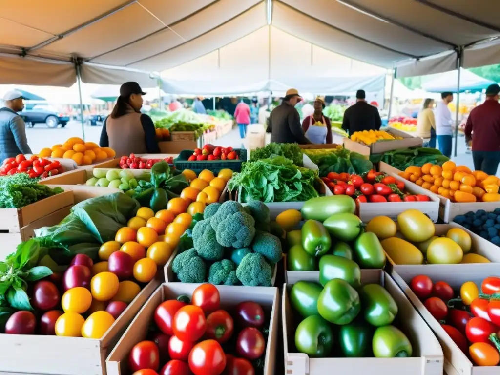 Un animado mercado urbano de alimentos orgánicos con frutas y verduras frescas y coloridas en exhibición