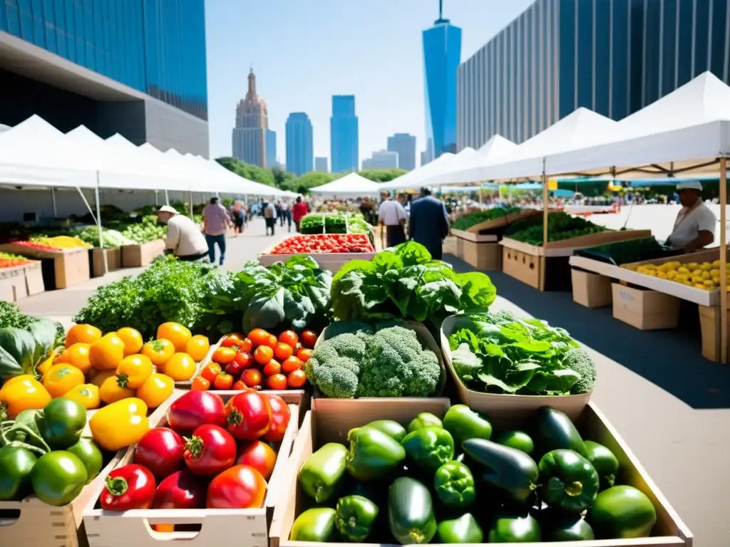 Un animado mercado agrícola urbano con una diversidad de productos frescos, creando una atmósfera vibrante y comunitaria