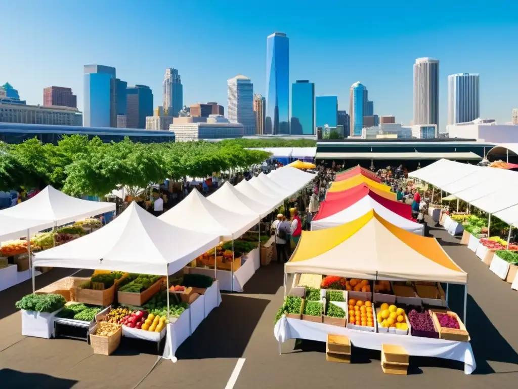 Un animado mercado urbano con una diversidad de frutas y verduras coloridas, creando una atmósfera vibrante y acogedora