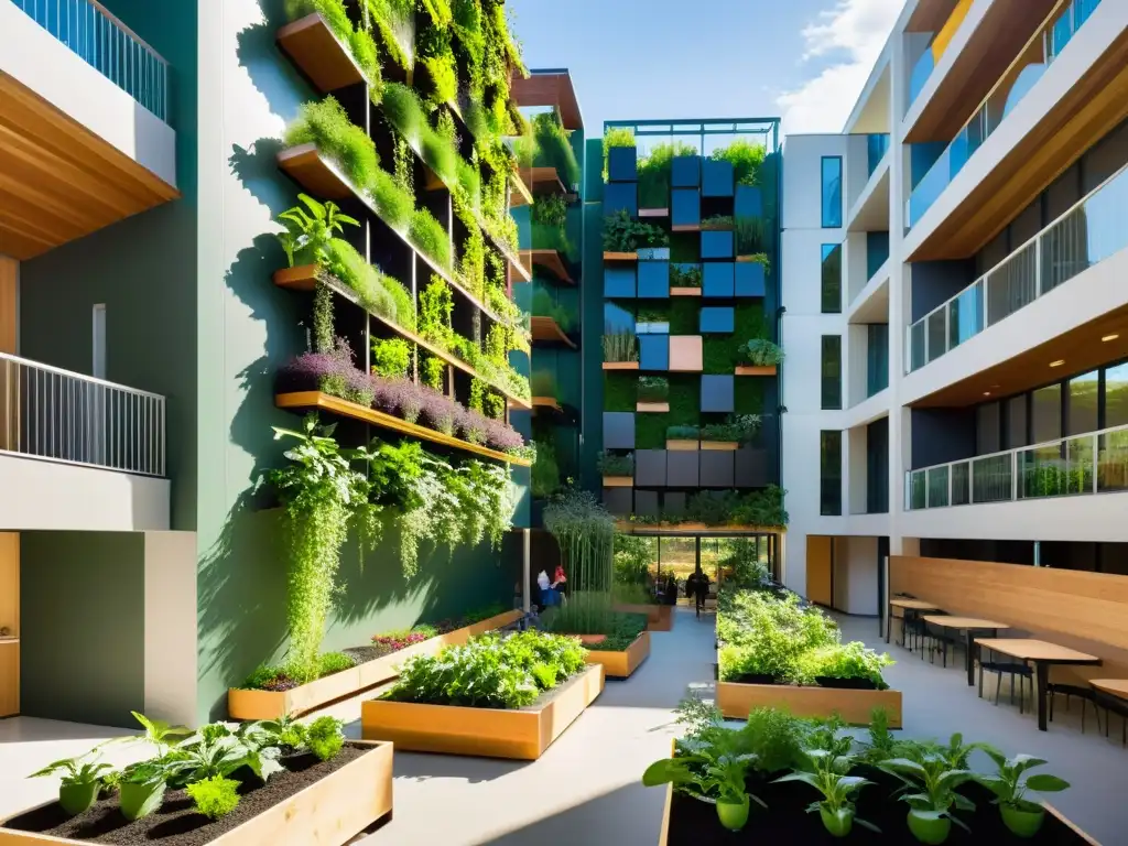 Un animado patio escolar con huertos verticales, donde la comunidad educativa participa en la jardinería urbana sostenible