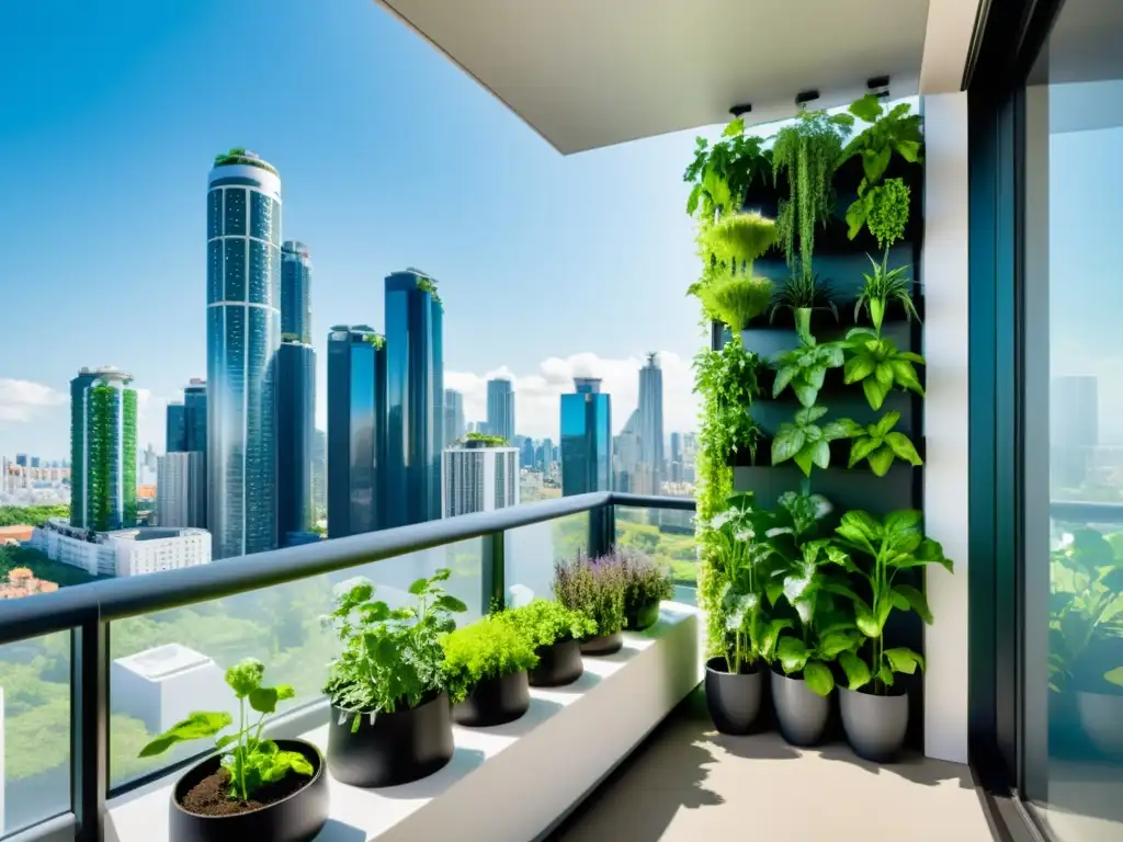 Apartamento urbano con agricultura vertical, torres de cultivo llenas de vegetación, integrando la naturaleza en la ciudad