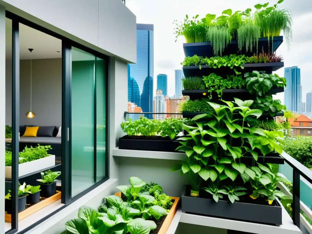 Jardín de acuaponía en apartamento urbano: torres verticales llenas de vegetación, con el horizonte de la ciudad de fondo