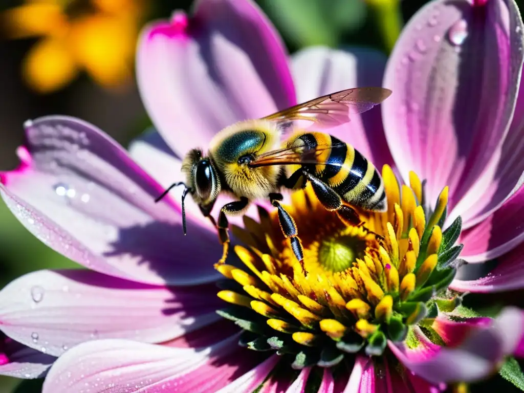 Apasionante polinización en huertos urbanos: abeja cubierta de polen amarillo sobre flor rosada, en un jardín urbano exuberante