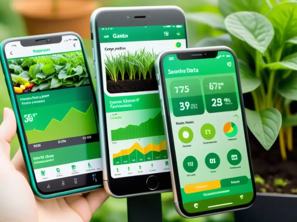 Aplicaciones para optimizar recursos en huertos: Pantallas de smartphone muestran apps de jardinería junto a plantas y frutas saludables