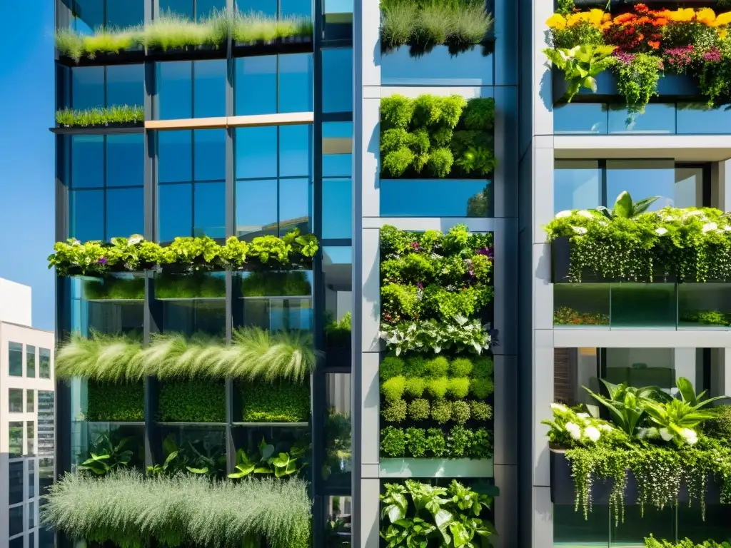 Aprovechamiento vertical en huertos urbanos: Jardín moderno en pared urbana con plantas exuberantes y flores vibrantes, reflejando la ciudad