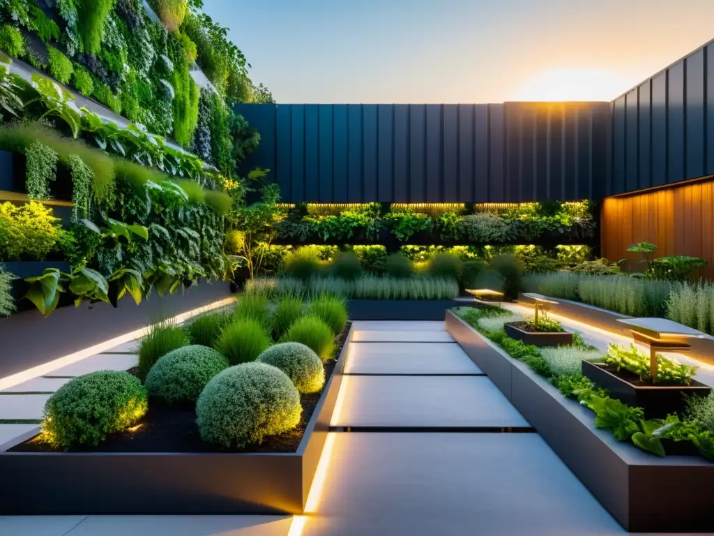 Aprovechamiento vertical en huertos urbanos: Moderno jardín en azotea con plantas, paneles solares y luces LED innovadoras