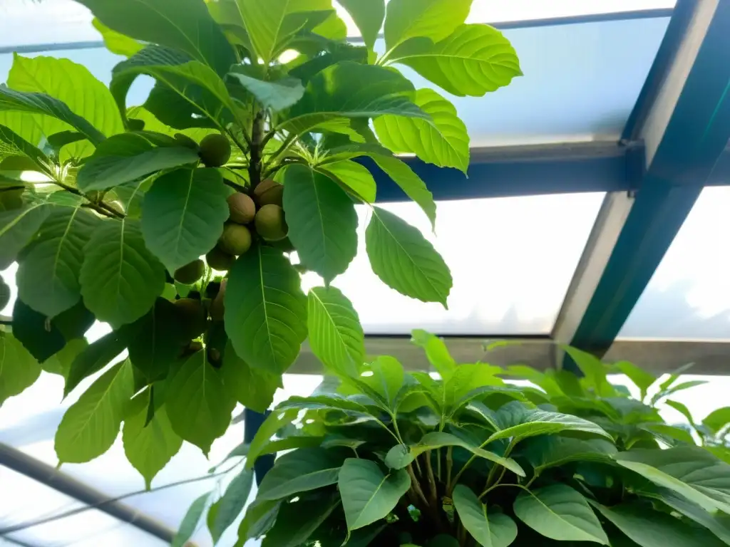 Un árbol de nuez próspero en acuaponía urbana, con hojas exuberantes y nueces maduras