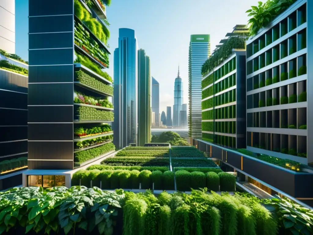 Innovación y armonía entre naturaleza y modernidad en una ciudad futurista con huertos verticales y agricultura urbana