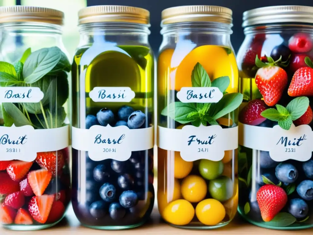 Jars of vibrant fruits and herbs, neatly arranged against a white backdrop, listos para fermentar frutas en huertos verticales