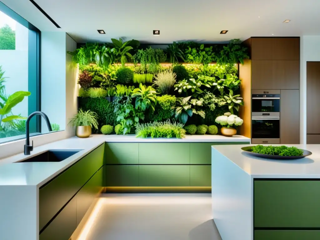 Presentación artística cultivos urbanos en moderna cocina con jardín vertical vibrante y elegante