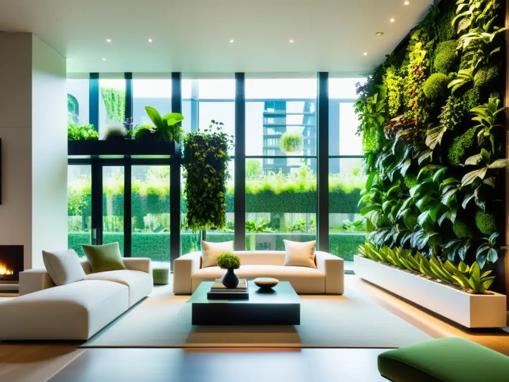 Una asombrosa sala de estar con jardines verticales interiores, creando una atmósfera serena y sofisticada