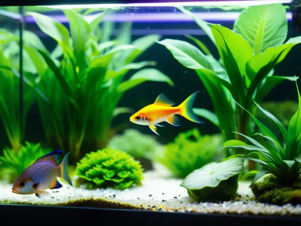 Un asombroso acuario urbano con peces coloridos y plantas acuáticas exuberantes, iluminado por luces LED sumergidas