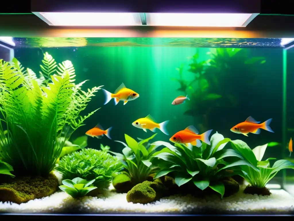 Un asombroso ecosistema acuático en acuaponía con peces coloridos y plantas exuberantes