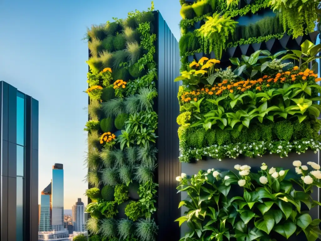 Un asombroso huerto vertical para apartamentos con una exuberante variedad de plantas y flores, contrastando con el paisaje urbano