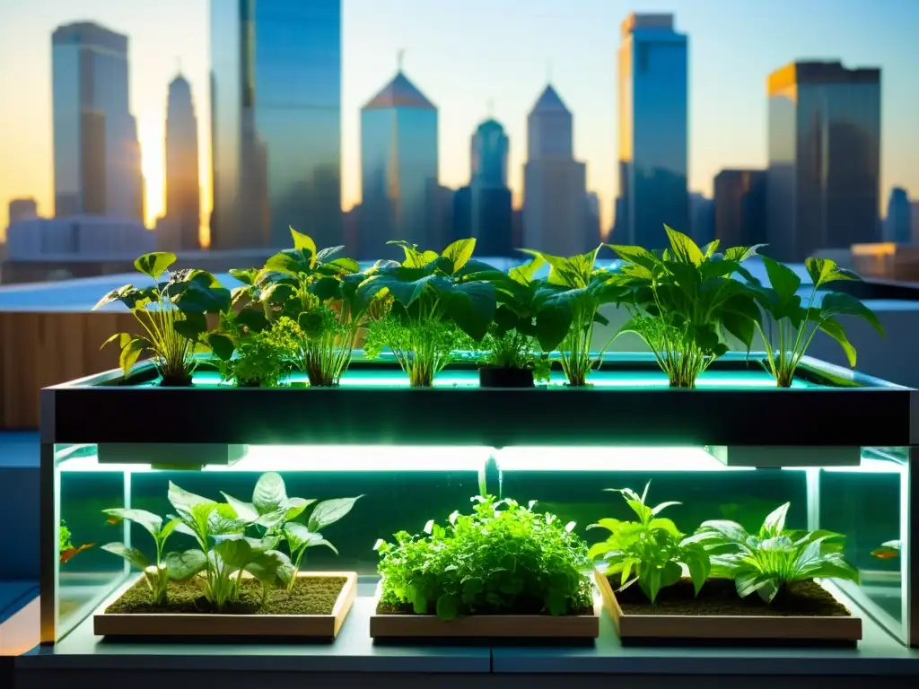 Un asombroso sistema de acuaponía urbana con plantas exuberantes y peces variados, bajo la luz del sol