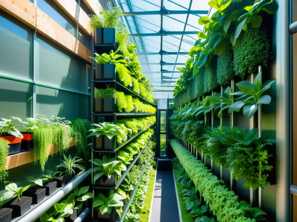 Un asombroso jardín vertical urbano con acuaponía, integrando tecnología y naturaleza en la agricultura urbana