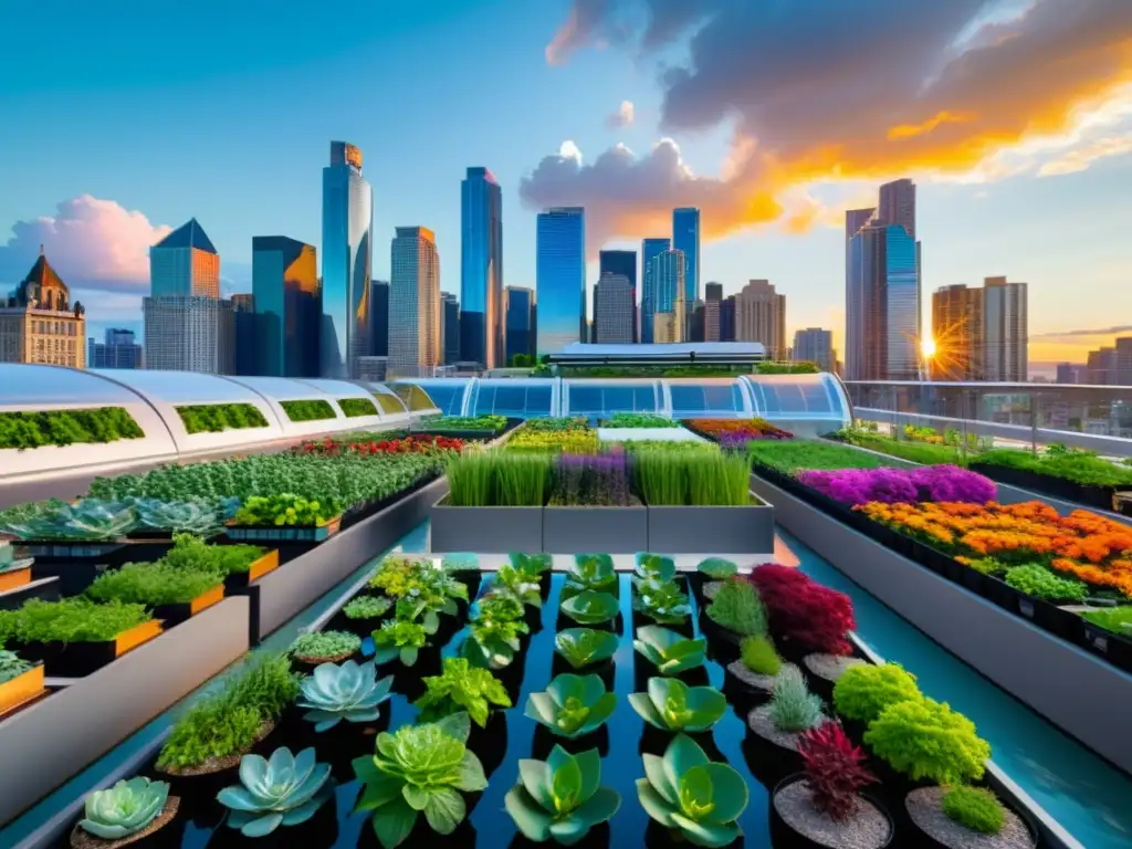 Un atardecer vibrante ilumina el skyline urbano moderno con rascacielos, en armonía con un jardín de acuaponía