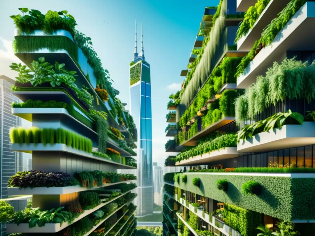 Atractiva imagen 8k de paisaje urbano futurista con rascacielos y jardines verticales, mostrando la integración exitosa de la agricultura vertical en zonas urbanas