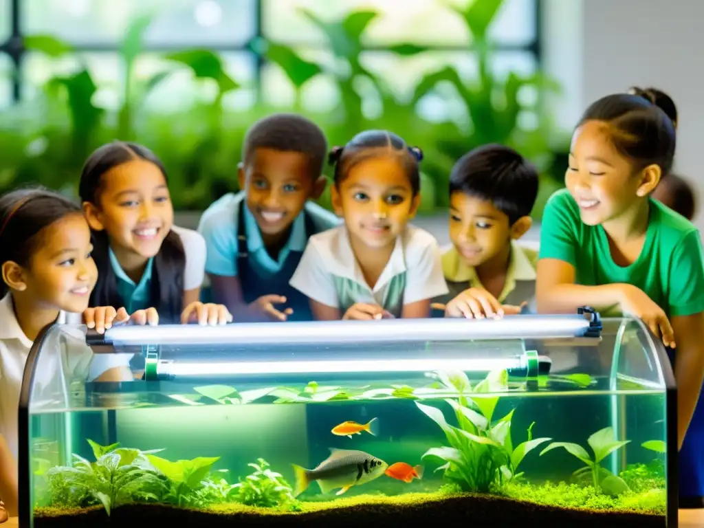 Un aula llena de niños observando un acuario de acuaponía, mientras un profesor enseña sobre cultivando hábitos alimenticios saludables