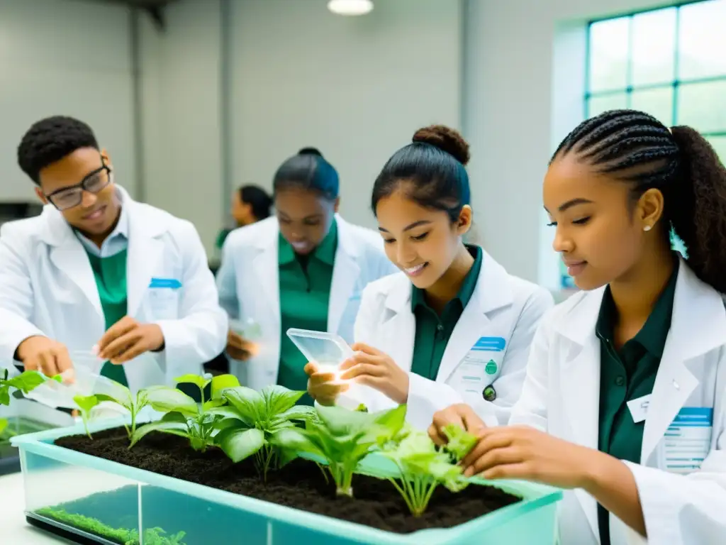 Un aula luminosa y espaciosa donde estudiantes diversos colaboran entusiastamente en un proyecto de acuaponía