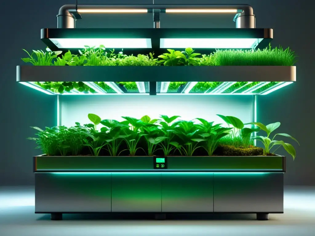 Acuaponía automatizada en ambiente urbano con diseño futurista, vegetación vibrante y tecnología avanzada