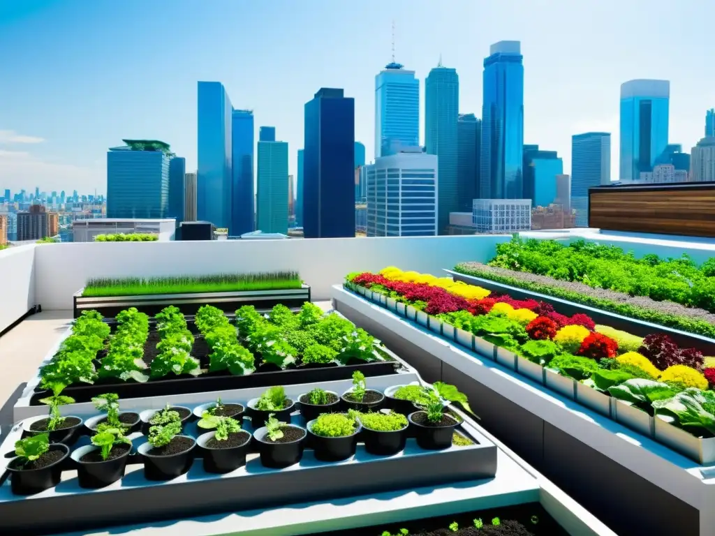 Un jardín de acuaponía automatizada en la azotea urbana, fusionando la naturaleza y la modernidad en un paisaje vibrante