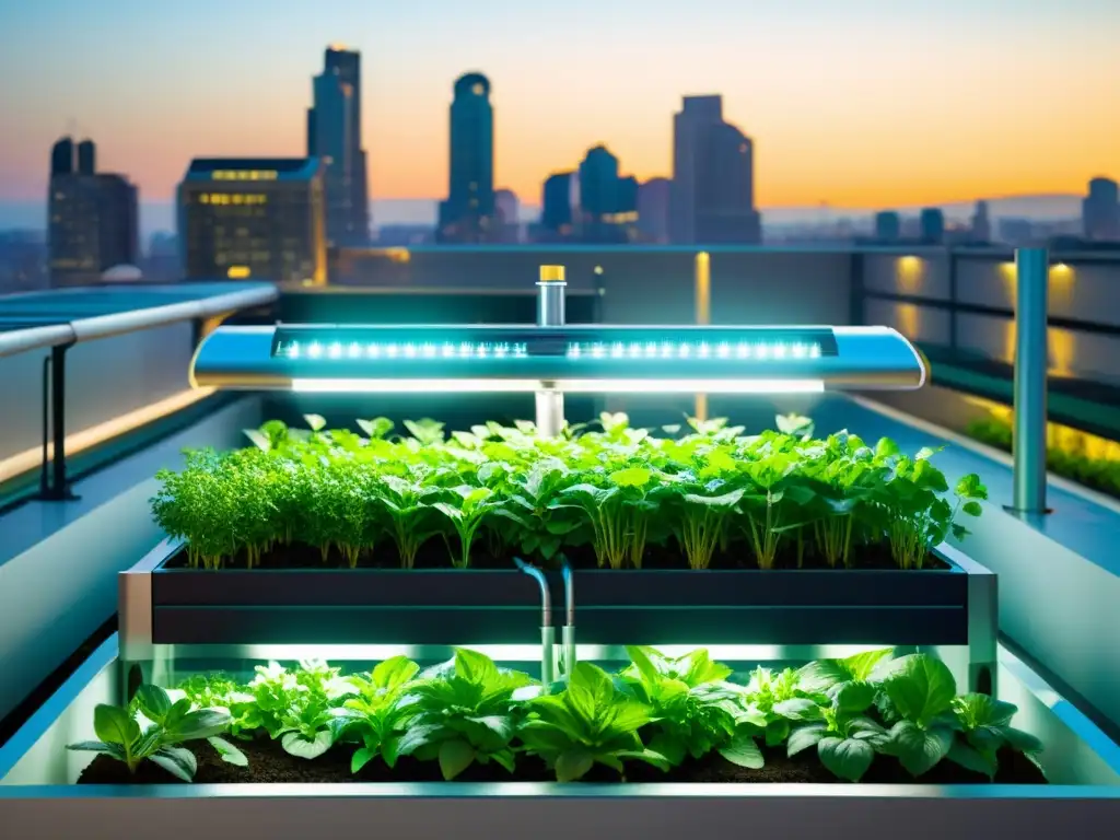 Acuaponía automatizada agricultura urbana: Jardín urbano moderno con sistema acuapónico futurista, iluminación ambiental y ciudad de fondo