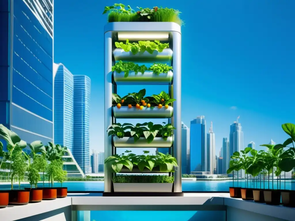 Avances en huertos verticales Norteamérica: Sistema acuapónico vertical moderno, con peces y vegetación exuberante, integrado en la ciudad