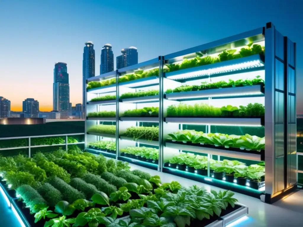 Avances en huertos verticales Norteamérica: granja urbana futurista con arquitectura moderna y vegetación exuberante en su interior