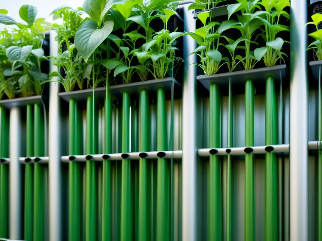 Avanzada tecnología de riego sostenible en huerto vertical, destacando la integración de tecnologías de riego sostenible en la agricultura urbana