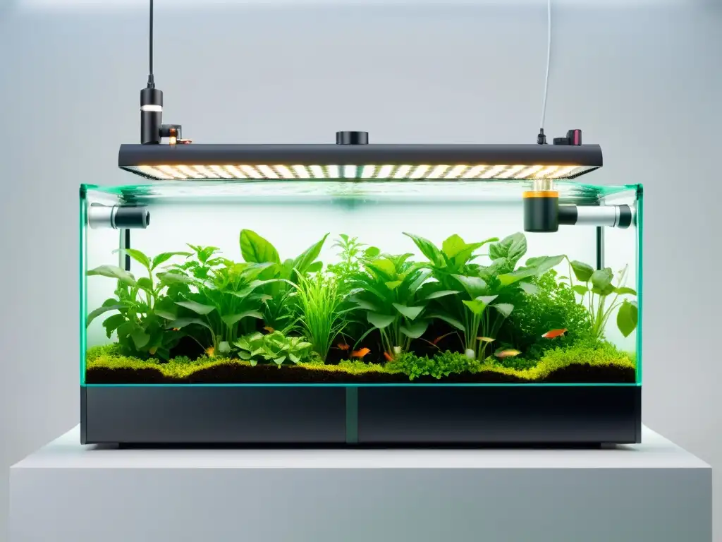 Avanzado sistema acuapónico con monitoreo calidad agua, vibrantes plantas y peces nadando en tanques transparentes