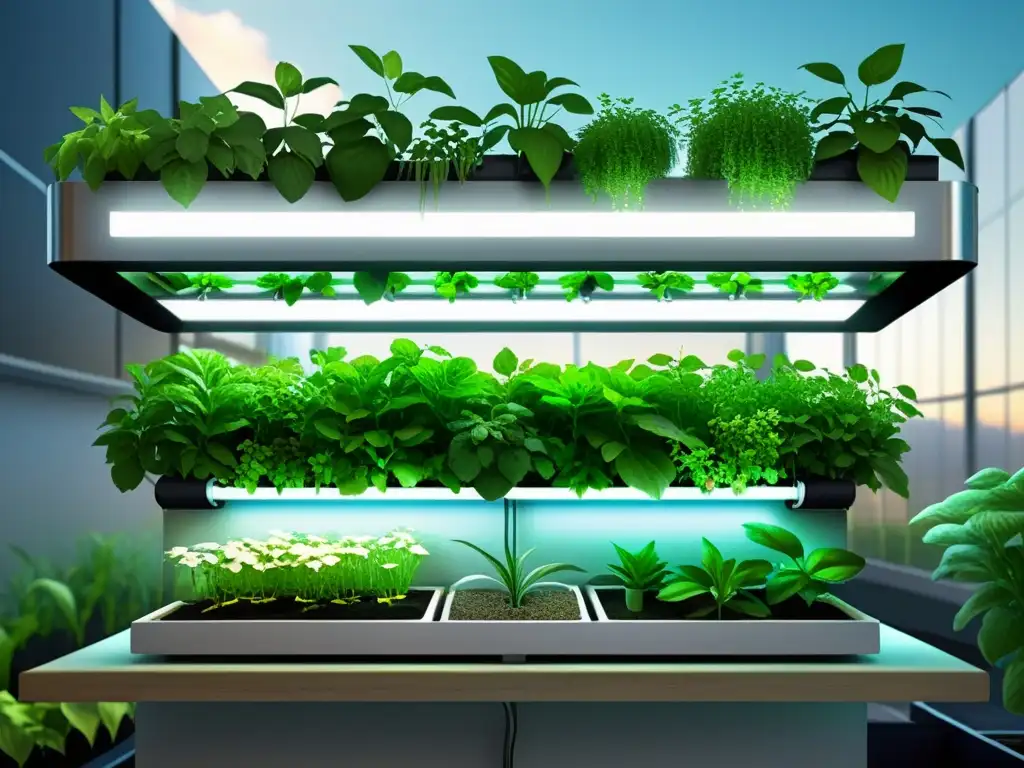 Avanzado sistema de monitoreo de nutrientes en acuaponía urbana con interfaz futurista y vegetación exuberante al fondo