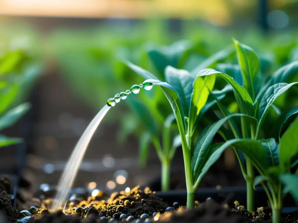 Avanzado sistema de riego por goteo en acción, alimentando plantas verdes en un jardín urbano