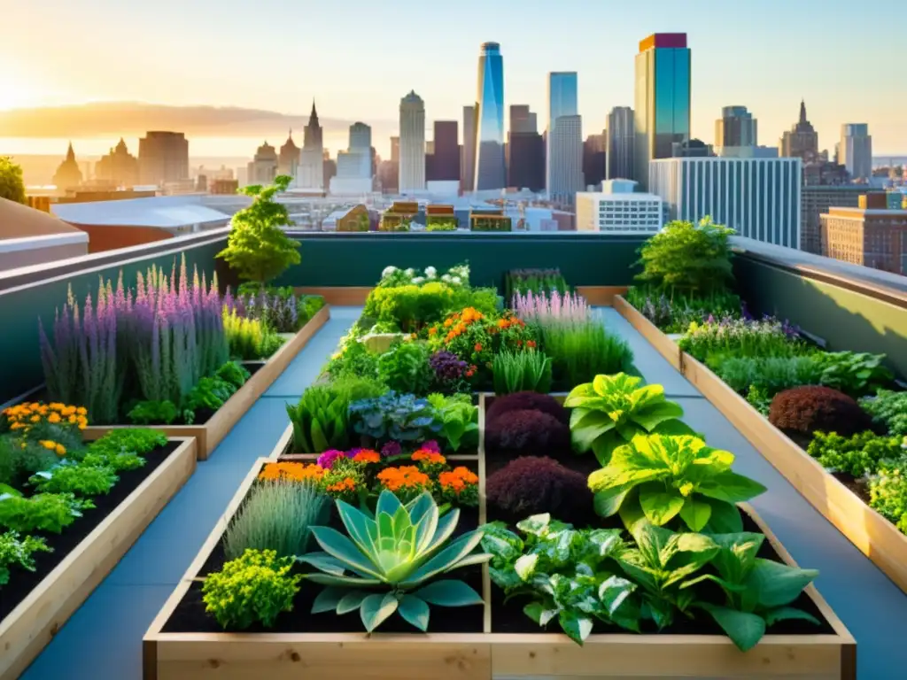 Un jardín en la azotea de una ciudad bulliciosa, lleno de plantas coloridas y modernos maceteros