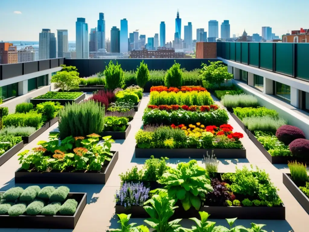 Un jardín en la azotea de la ciudad bulliciosa, con plantas exuberantes y verduras en filas