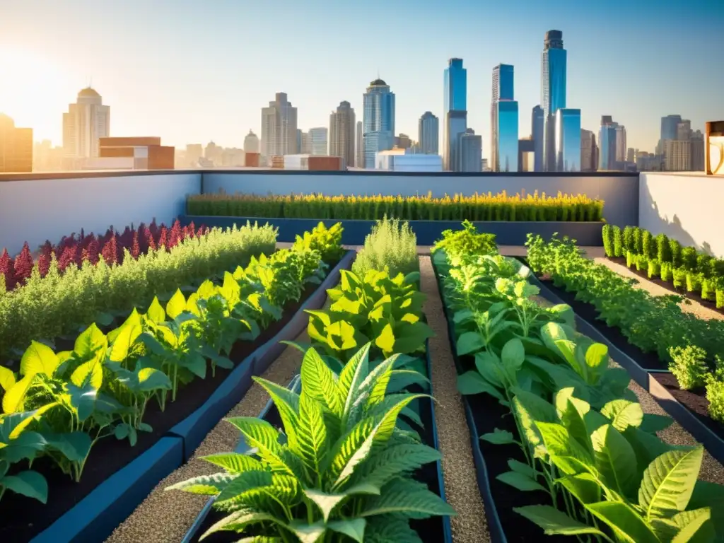 Un jardín en la azotea de una ciudad bulliciosa, con plantas de quinua saludables