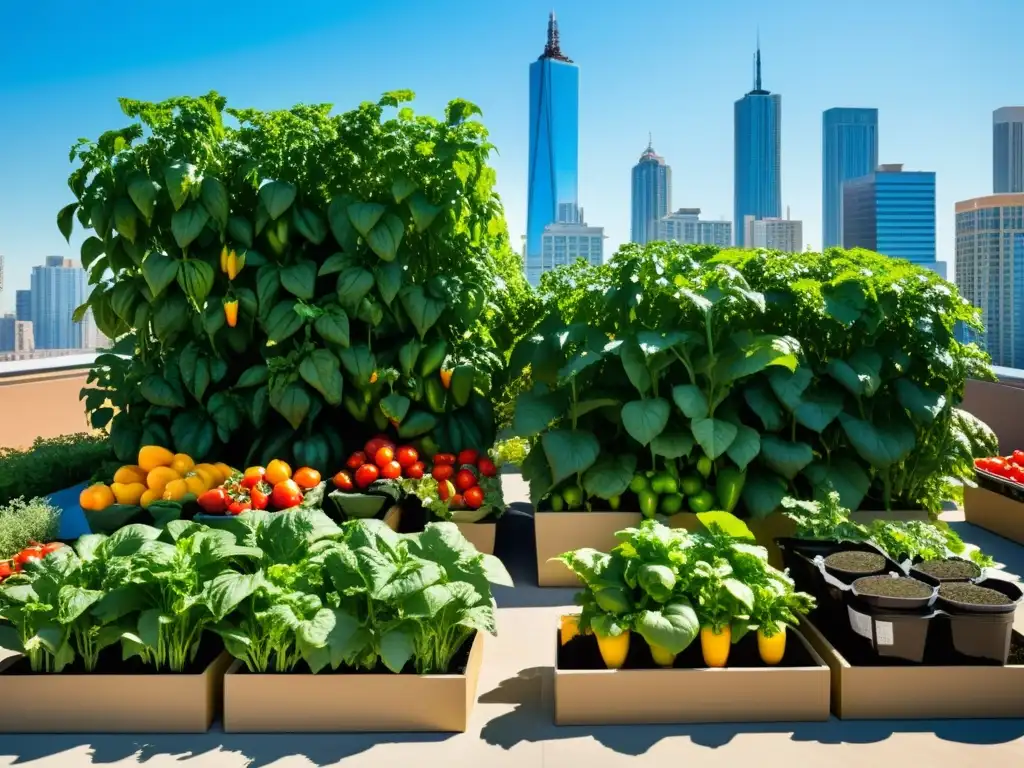 Un jardín en la azotea de la ciudad, con cultivos verticales en techos urbanos, bañado por el cálido sol entre rascacielos