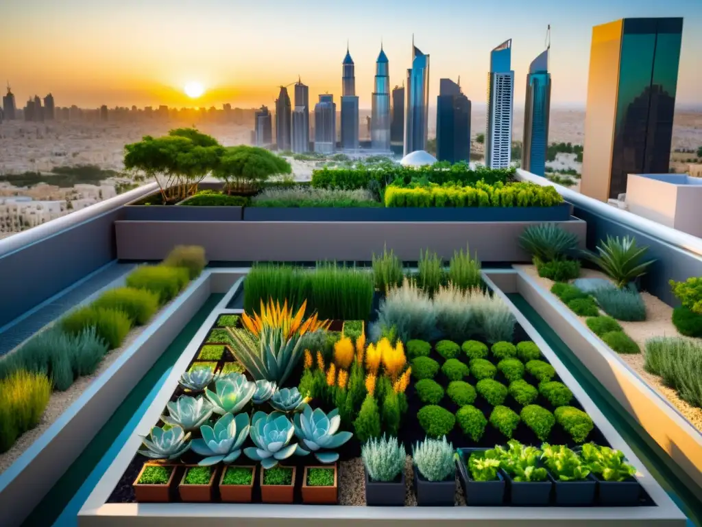 Un jardín de acuaponía en la azotea de una ciudad del Medio Oriente, con su diseño futurista y la calidez del atardecer