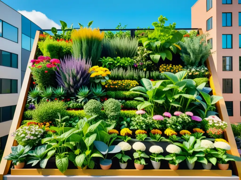 Jardín en la azotea de la ciudad, equilibrio ecológico en agricultura urbana con diversa vegetación y vida silvestre entre el paisaje urbano