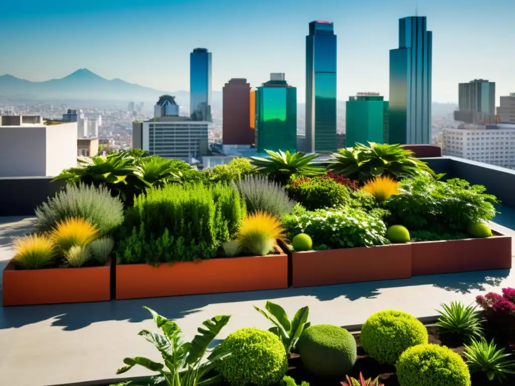 Un jardín en la azotea de la Ciudad de México con innovaciones en agricultura urbana, donde la naturaleza se fusiona con el entorno urbano